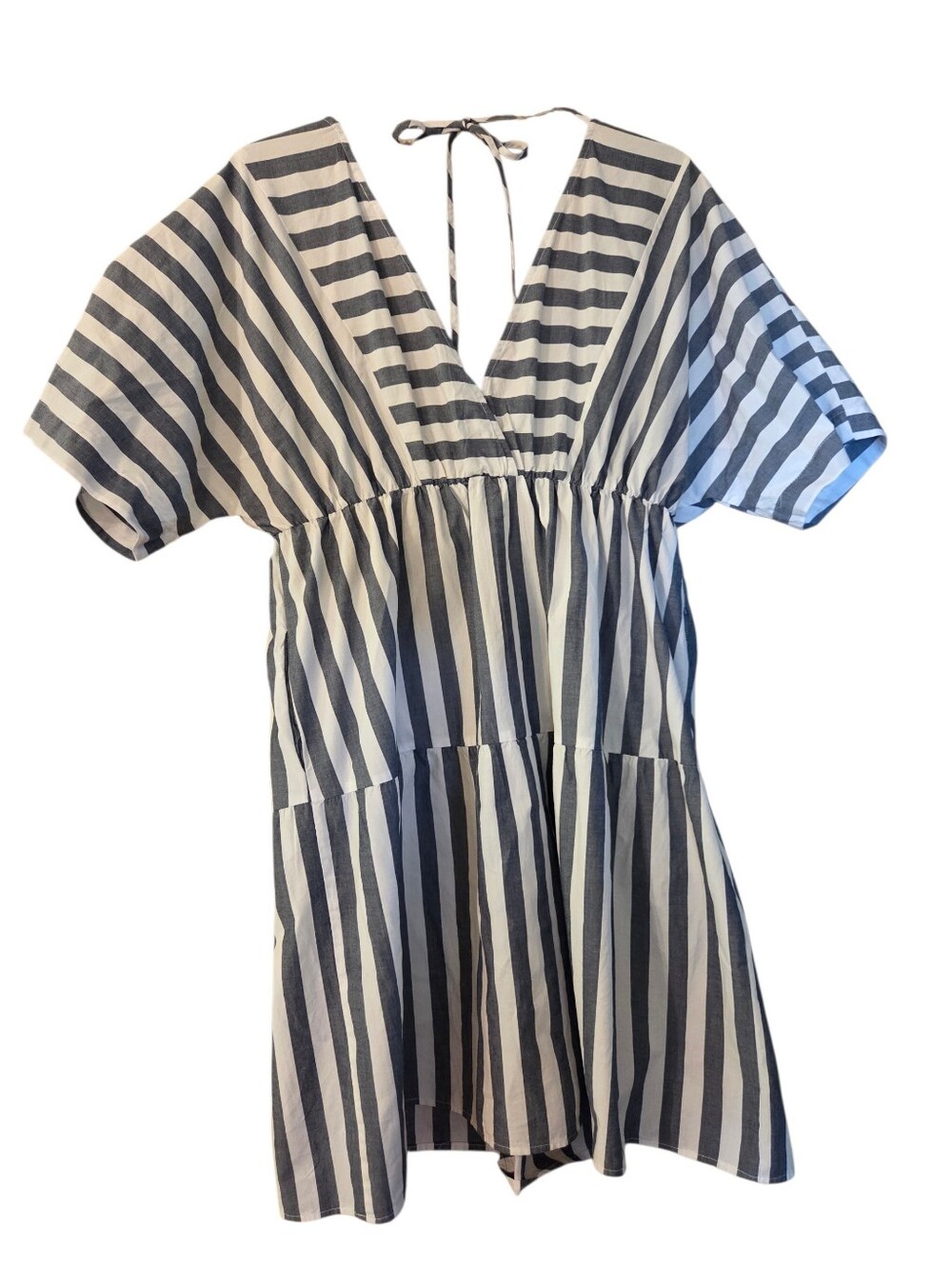 Lascana Navy White Striped 100% Cotton Dress Tiered Skirt Beach Vaca Size 12
